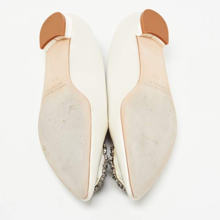 Pre Owned Manolo Blahnik Off White Satin Hangisi Ballet Flats Size 37.5