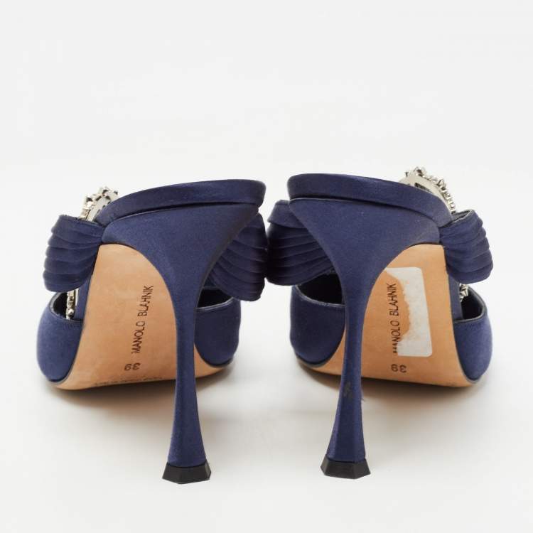 Pre Owned Manolo Blahnik Navy Blue Satin Crystal Embellished Pointed Toe Mules Size 39