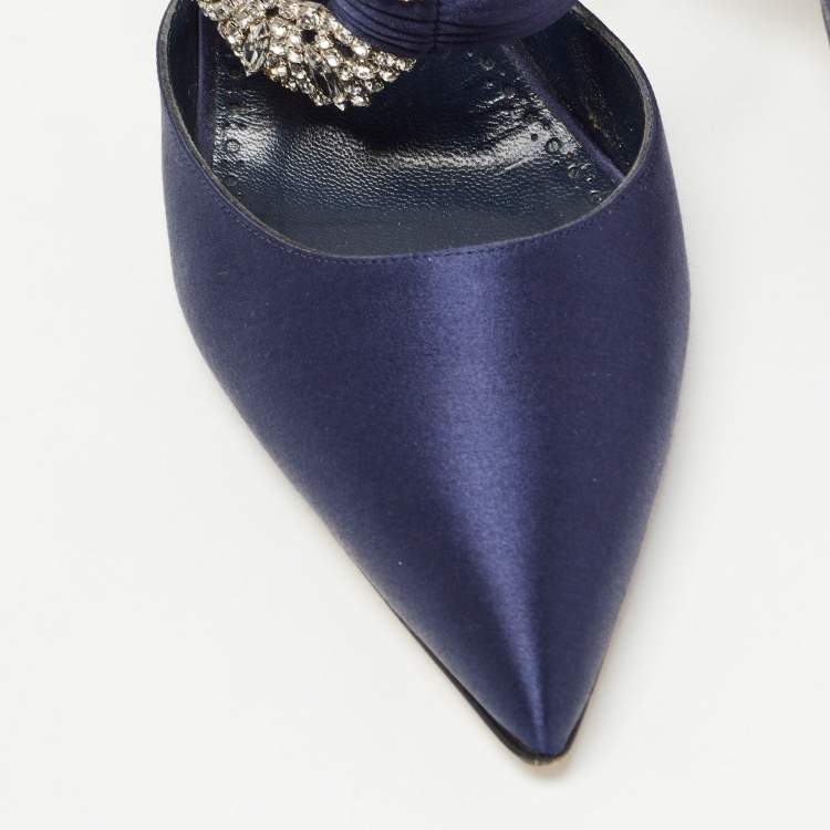 Pre Owned Manolo Blahnik Navy Blue Satin Crystal Embellished Pointed Toe Mules Size 39