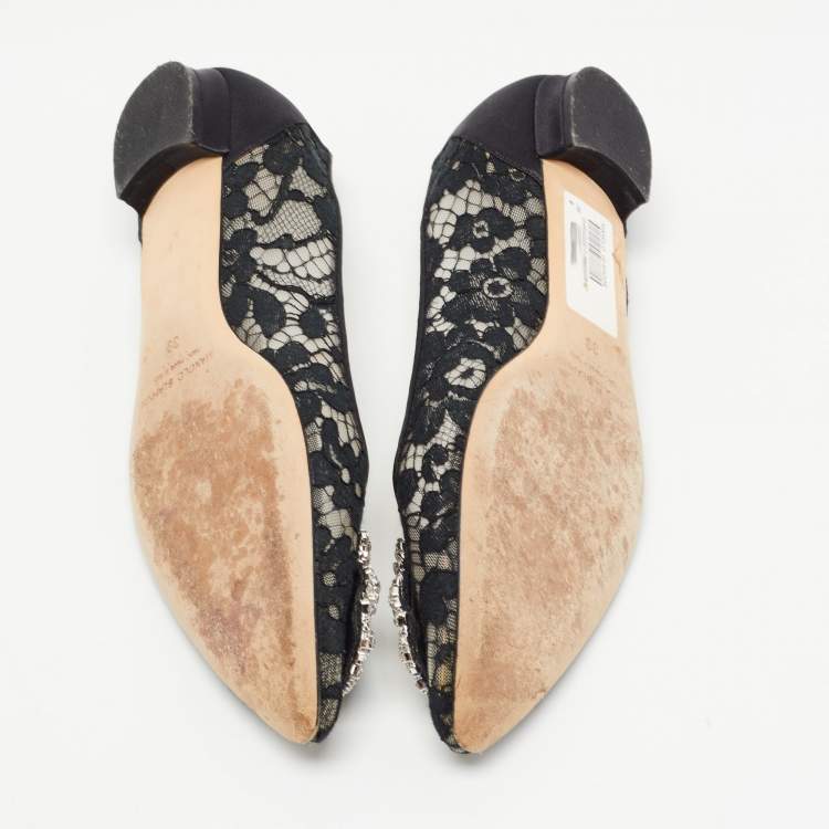 Pre Owned Manolo Blahnik Black Lace and Satin Hangisi Ballet Flats Size 39