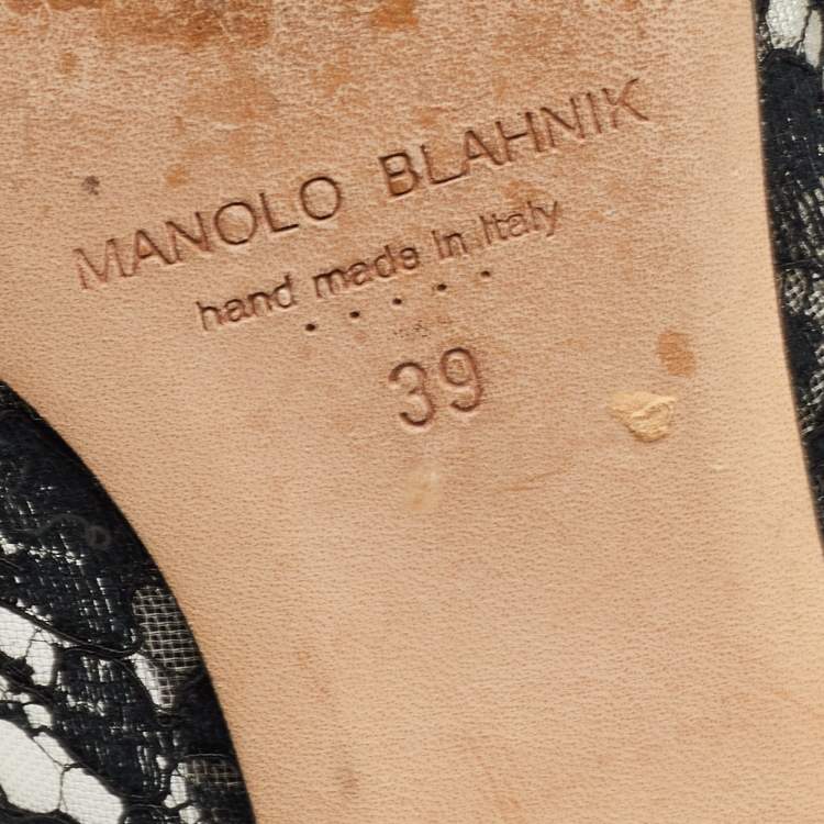 Pre Owned Manolo Blahnik Black Lace and Satin Hangisi Ballet Flats Size 39