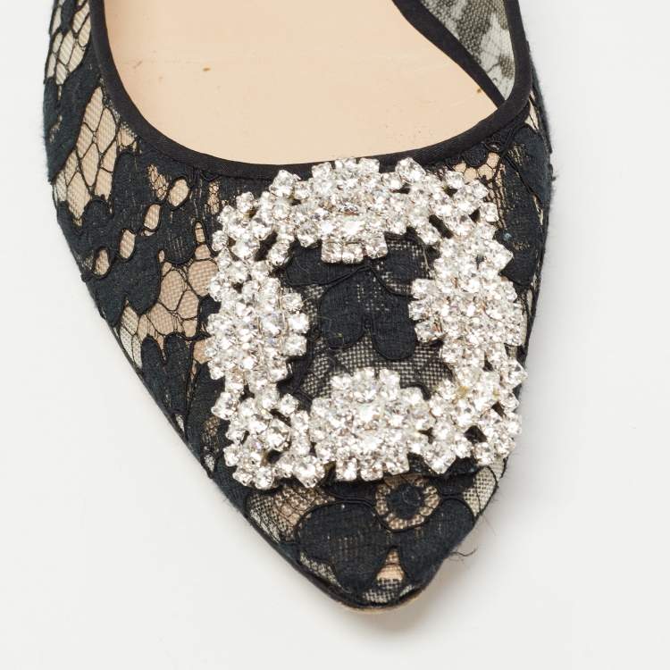 Pre Owned Manolo Blahnik Black Lace and Satin Hangisi Ballet Flats Size 39