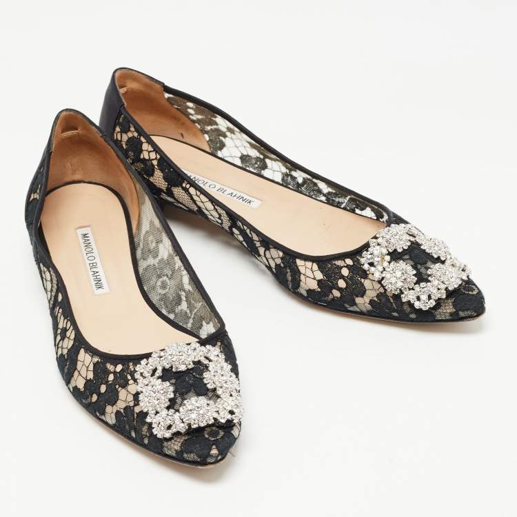Pre Owned Manolo Blahnik Black Lace and Satin Hangisi Ballet Flats Size 39