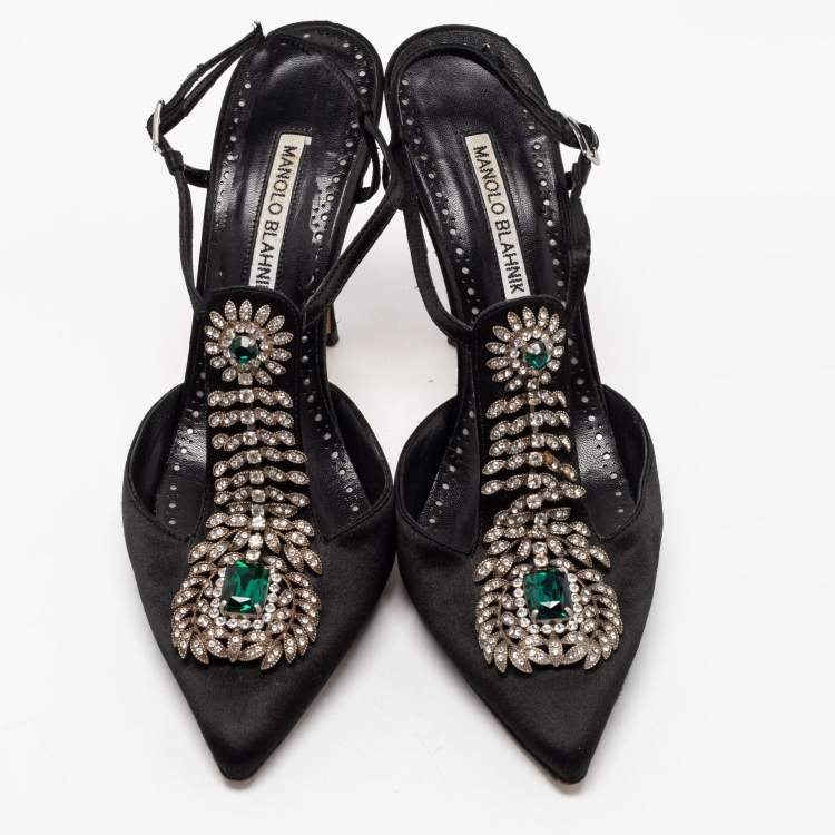 مملوكة مسبقًا Manolo Blahnik Black Satin Jamala Crystal Embellished Ankle Strap Sandals Size 39