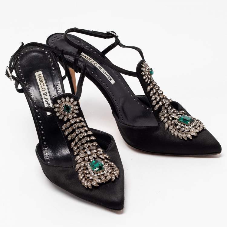 مملوكة مسبقًا Manolo Blahnik Black Satin Jamala Crystal Embellished Ankle Strap Sandals Size 39