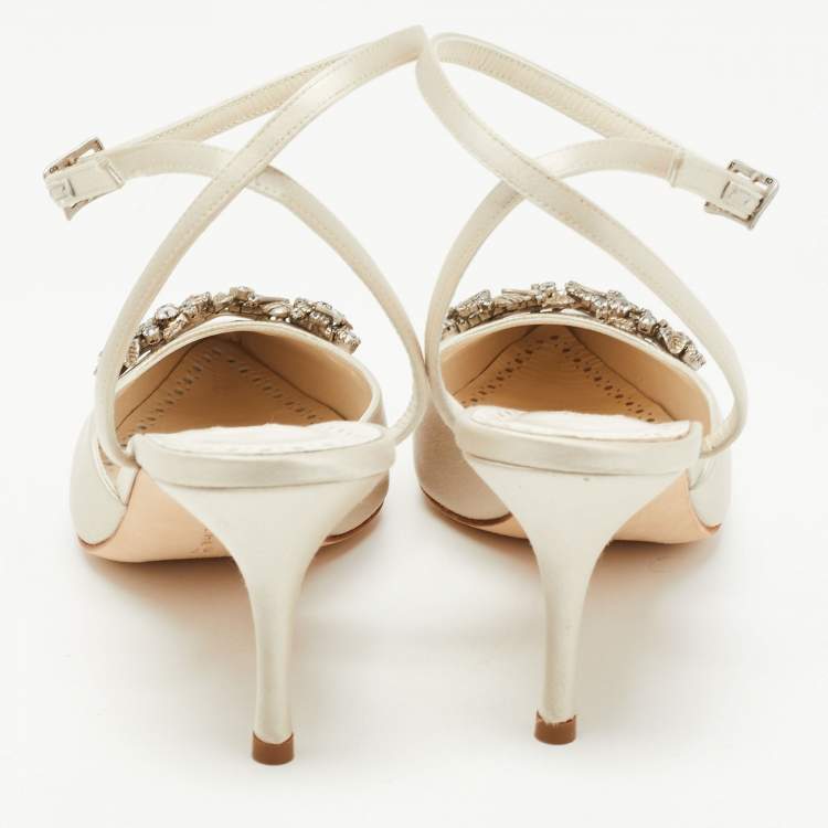 Pre Owned Manolo Blahnik Off White Satin Forla Slingback Pumps Size 37