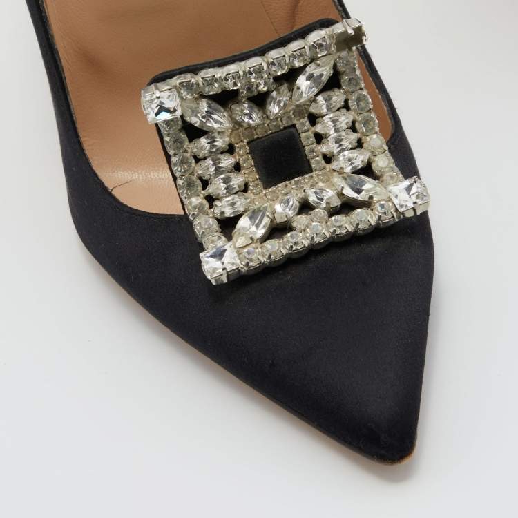 مملوكة مسبقًا Manolo Blahnik Black Satin Borlak Crystal Embellished Pointed Toe Pumps Size 38