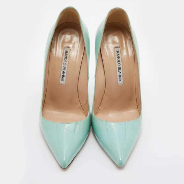 Pre Owned Manolo Blahnik Mint Green Patent Leather BB Pointed Toe Pumps Size 37