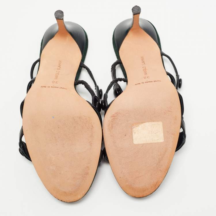مملوكة مسبقًا Manolo Blahnik Black Leather Strappy Slides Size 38 