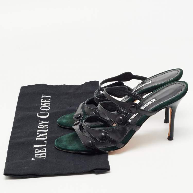 مملوكة مسبقًا Manolo Blahnik Black Leather Strappy Slides Size 38 