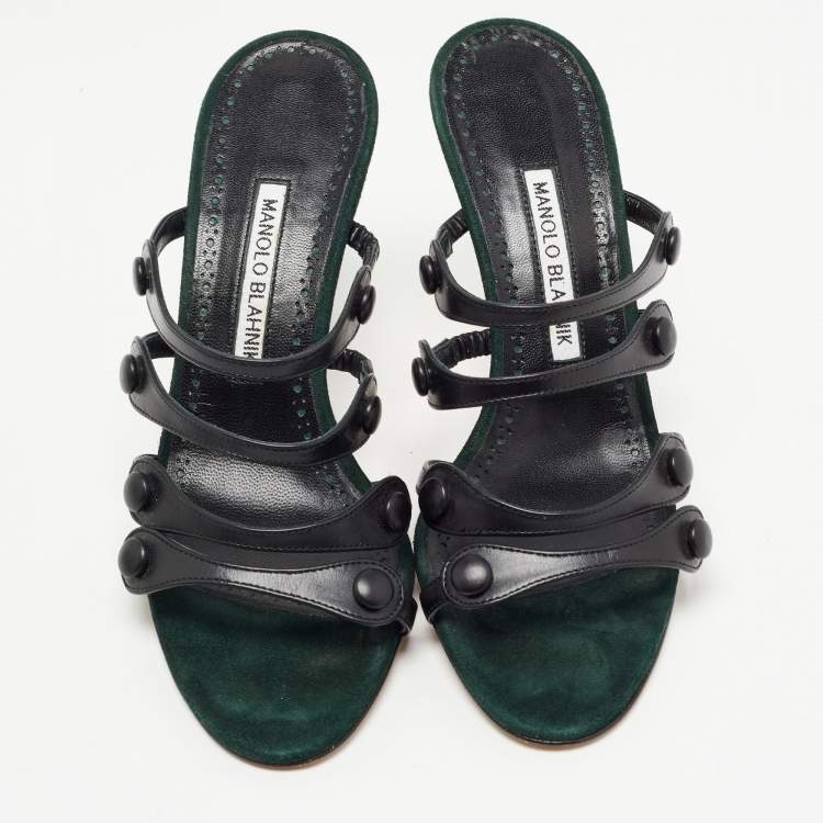 مملوكة مسبقًا Manolo Blahnik Black Leather Strappy Slides Size 38 