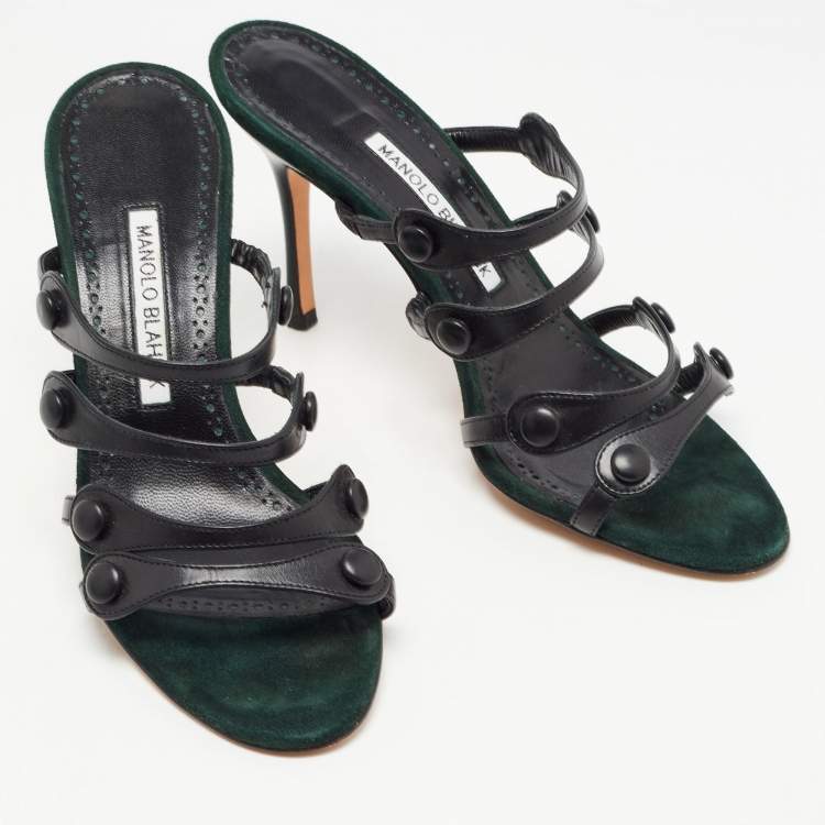 مملوكة مسبقًا Manolo Blahnik Black Leather Strappy Slides Size 38 