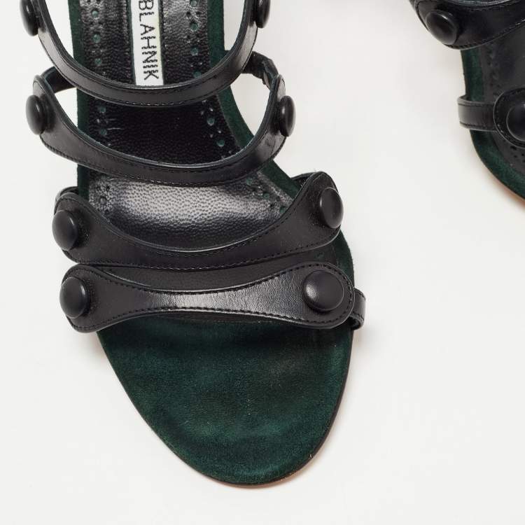 مملوكة مسبقًا Manolo Blahnik Black Leather Strappy Slides Size 38 