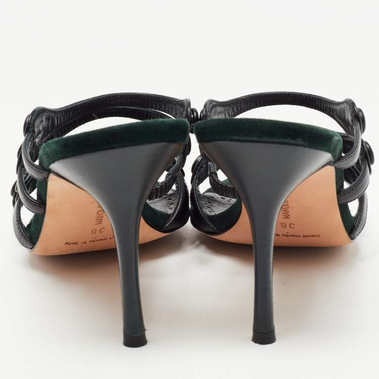 مملوكة مسبقًا Manolo Blahnik Black Leather Strappy Slides Size 38 