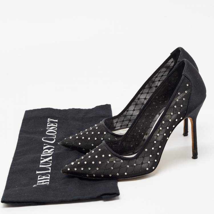 Pre Owned Manolo Blahnik Black Crystal Embellished Mesh and Satin Pointed Toe Pumps Size 37