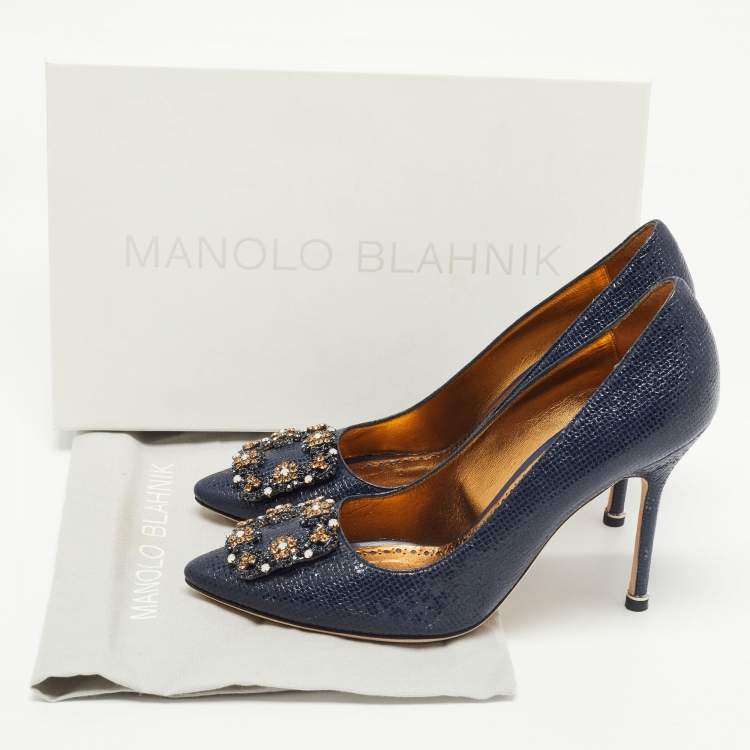 Pre Owned Manolo Blahnik Blue Texture Patent Leather Hangisi Crystal Embellished Pumps Size 38.5