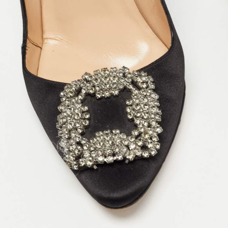 Pre Owned Manolo Blahnik Black Satin Hangisi Pumps Size 37.5
