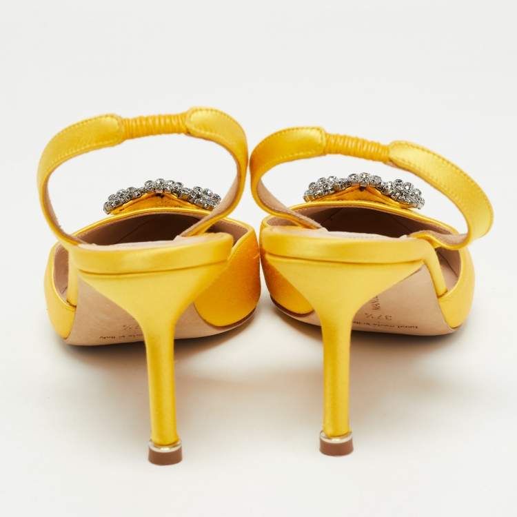 Pre Owned Manolo Blahnik Yellow Satin Hangisi Slingback Pumps Size 37.5