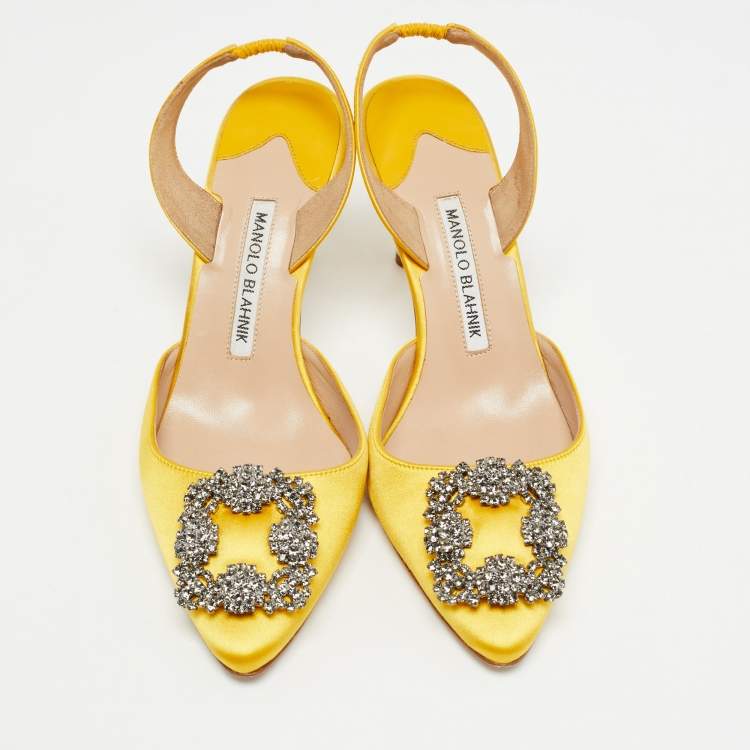 Pre Owned Manolo Blahnik Yellow Satin Hangisi Slingback Pumps Size 37.5