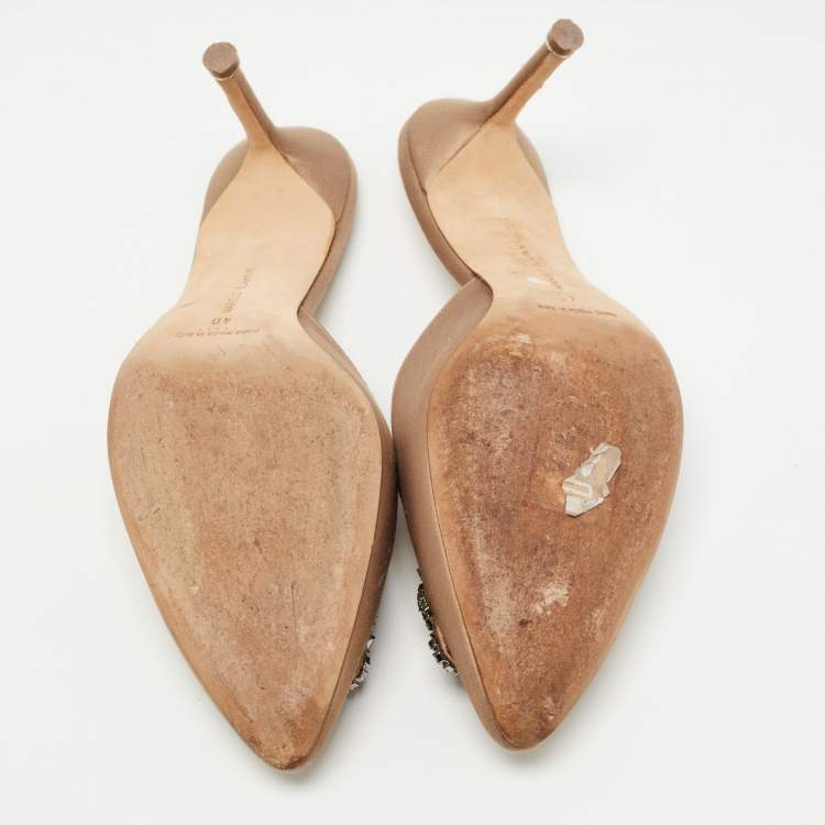 Pre Owned Manolo Blahnik Light Brown Satin Hangisimu Mules Size 40
