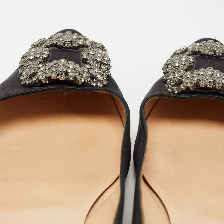 Pre Owned Manolo Blahnik Black Satin Hangisi Ballet Flats Size 38.5