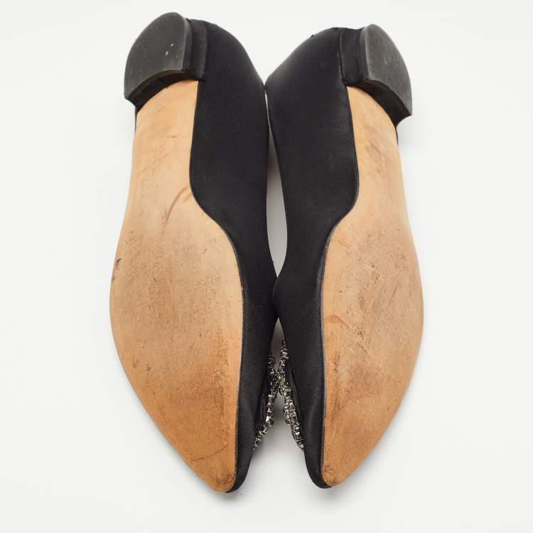 Pre Owned Manolo Blahnik Black Satin Hangisi Ballet Flats Size 38.5