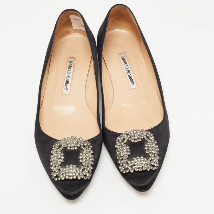 Pre Owned Manolo Blahnik Black Satin Hangisi Ballet Flats Size 38.5