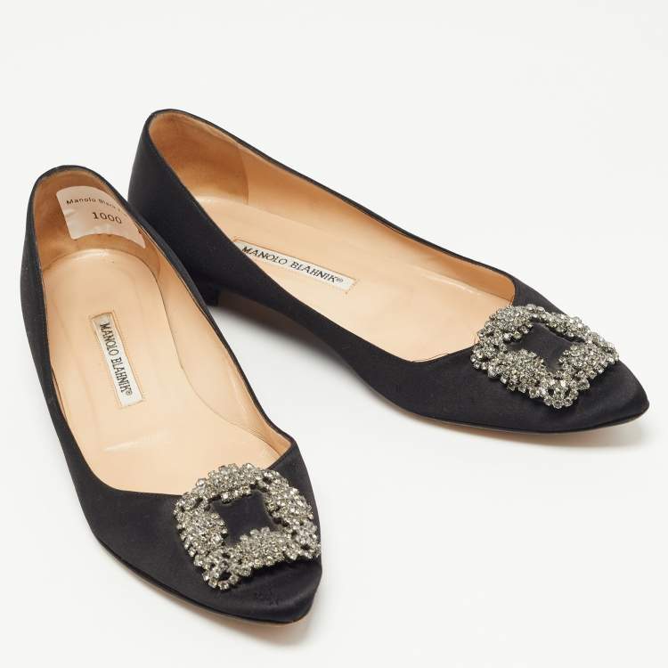Pre Owned Manolo Blahnik Black Satin Hangisi Ballet Flats Size 38.5