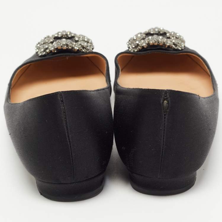 Pre Owned Manolo Blahnik Black Satin Hangisi Ballet Flats Size 38.5