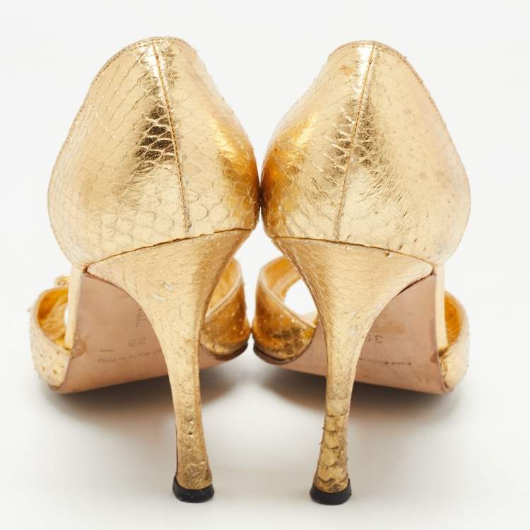 Pre Owned Manolo Blahnik Gold Python Embossed Buckle Open Toe Pumps Size 39