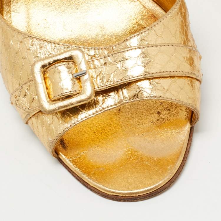 Pre Owned Manolo Blahnik Gold Python Embossed Buckle Open Toe Pumps Size 39