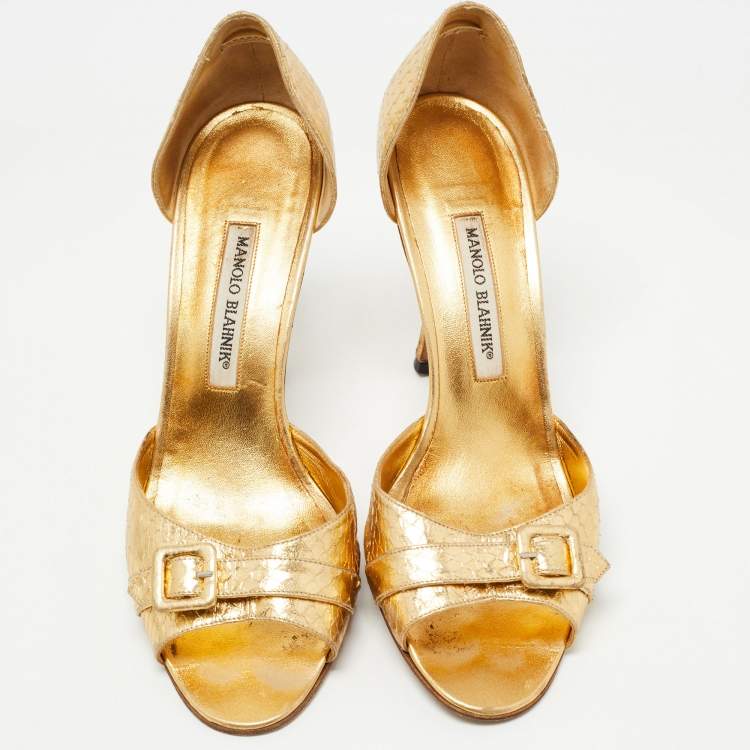Pre Owned Manolo Blahnik Gold Python Embossed Buckle Open Toe Pumps Size 39