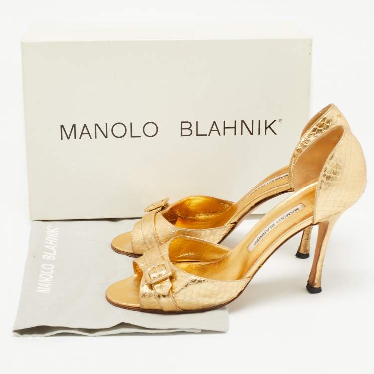 Pre Owned Manolo Blahnik Gold Python Embossed Buckle Open Toe Pumps Size 39