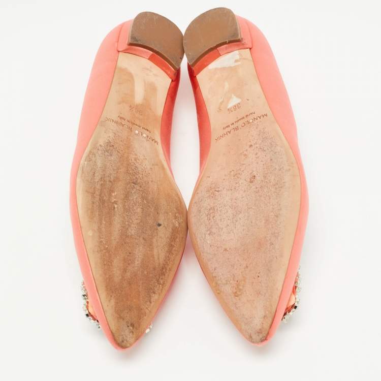 Pre Owned Manolo Blahnik Peach Pink Satin Hangisi Ballet Flats Size 38.5 