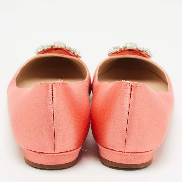 Pre Owned Manolo Blahnik Peach Pink Satin Hangisi Ballet Flats Size 38.5 