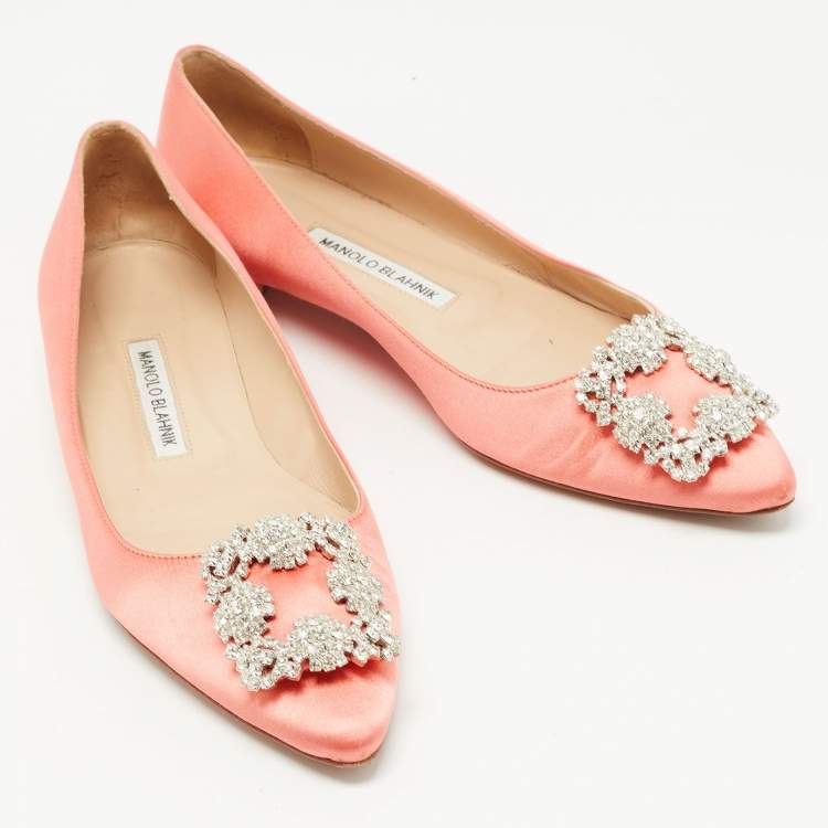 Pre Owned Manolo Blahnik Peach Pink Satin Hangisi Ballet Flats Size 38.5 