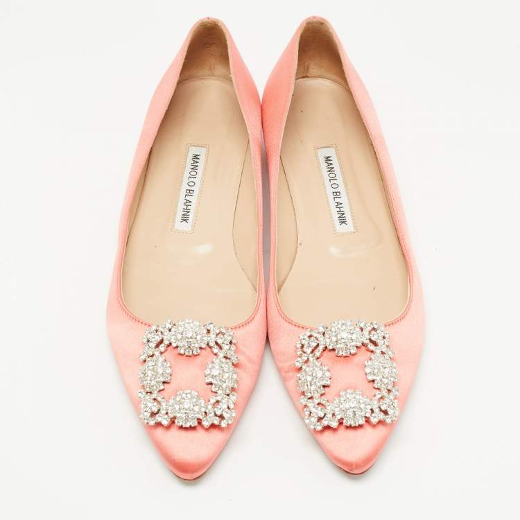 Pre Owned Manolo Blahnik Peach Pink Satin Hangisi Ballet Flats Size 38.5 