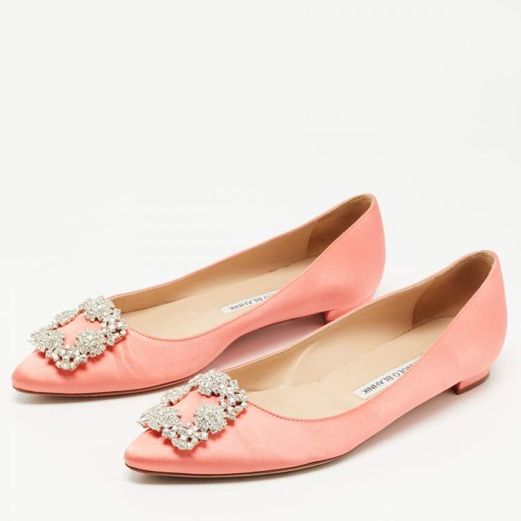 Manolo Blahnik Peach Pink Satin Hangisi Ballet Flats Size 38.5