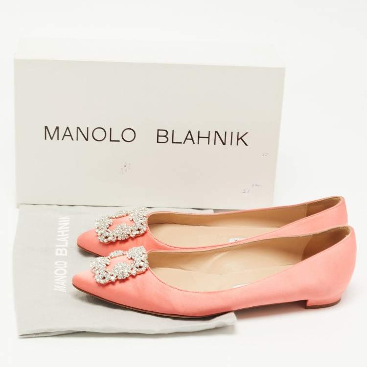 Pre Owned Manolo Blahnik Peach Pink Satin Hangisi Ballet Flats Size 38.5 
