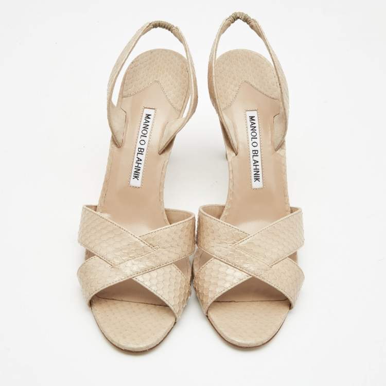 Pre Owned Manolo Blahnik Beige Snakeskin Leather Callasli Slingback Sandals Size 39.5
