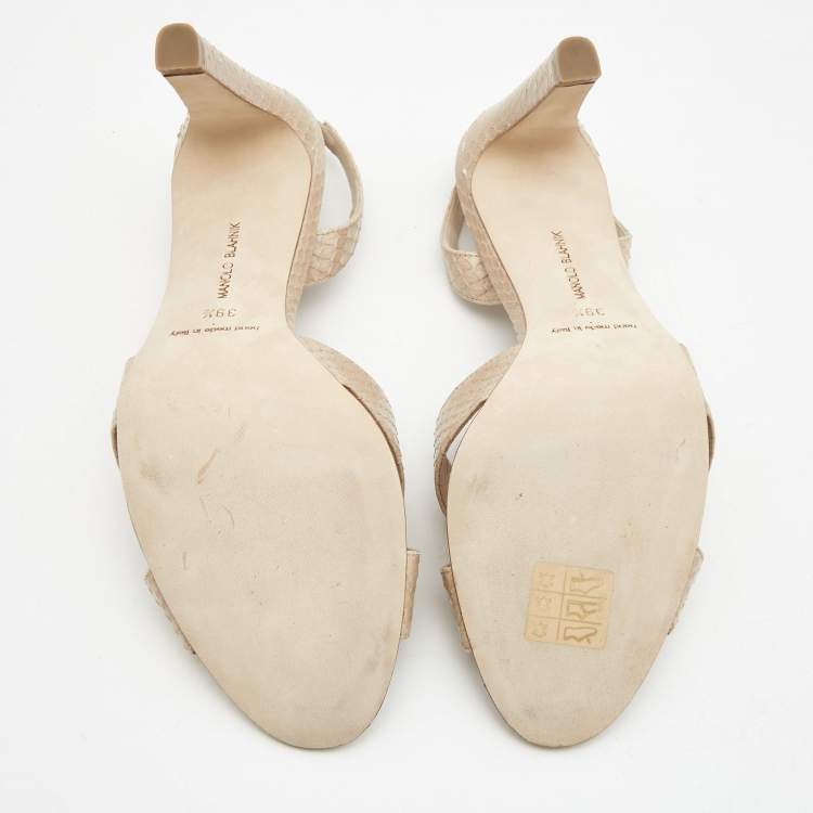 Pre Owned Manolo Blahnik Beige Snakeskin Leather Callasli Slingback Sandals Size 39.5
