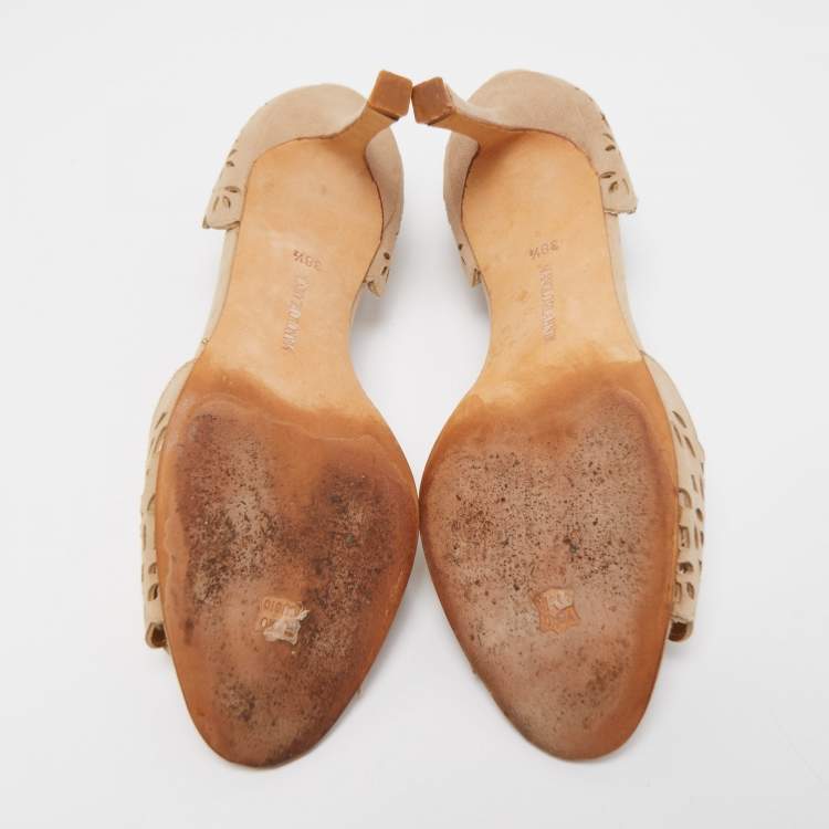 Pre Owned Manolo Blahnik Beige Laser Cut Suede Open Toe D'orsay Sandals Size 38.5