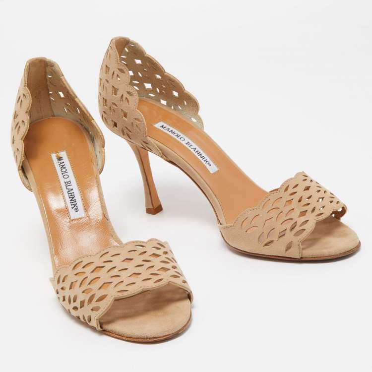 Pre Owned Manolo Blahnik Beige Laser Cut Suede Open Toe D'orsay Sandals Size 38.5