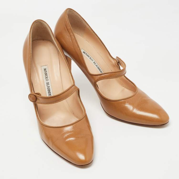 Pre Owned Manolo Blahnik Brown Leather Camparinew Mary Jane Pumps Size 39.5