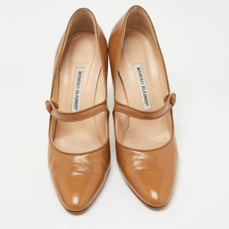 Pre Owned Manolo Blahnik Brown Leather Camparinew Mary Jane Pumps Size 39.5