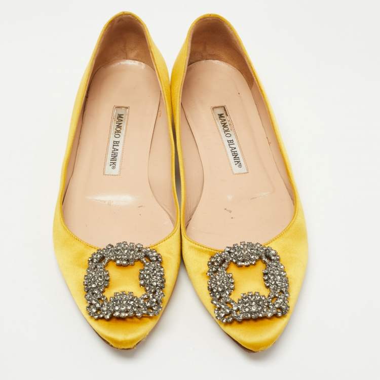 Pre Owned Manolo Blahnik Yellow Satin Hangisi Ballet Flats Size 37.5