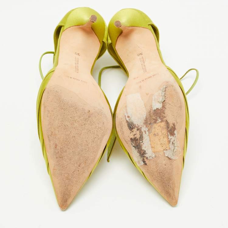 Pre Owned Manolo Blahnik Green Satin Reya Ankle Strap Pumps Size 38