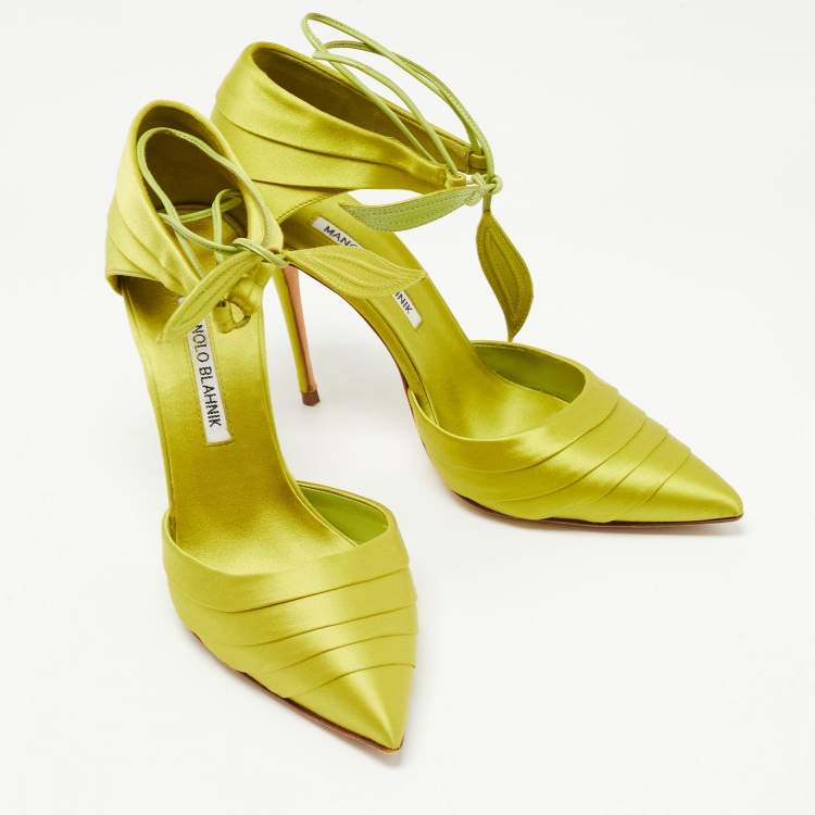 Pre Owned Manolo Blahnik Green Satin Reya Ankle Strap Pumps Size 38