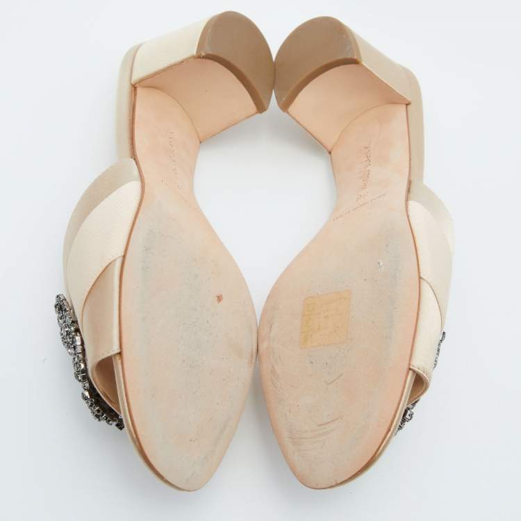 Pre Owned Manolo Blahnik Beige Satin Embellished Martanew Slide Sandals Size 38
