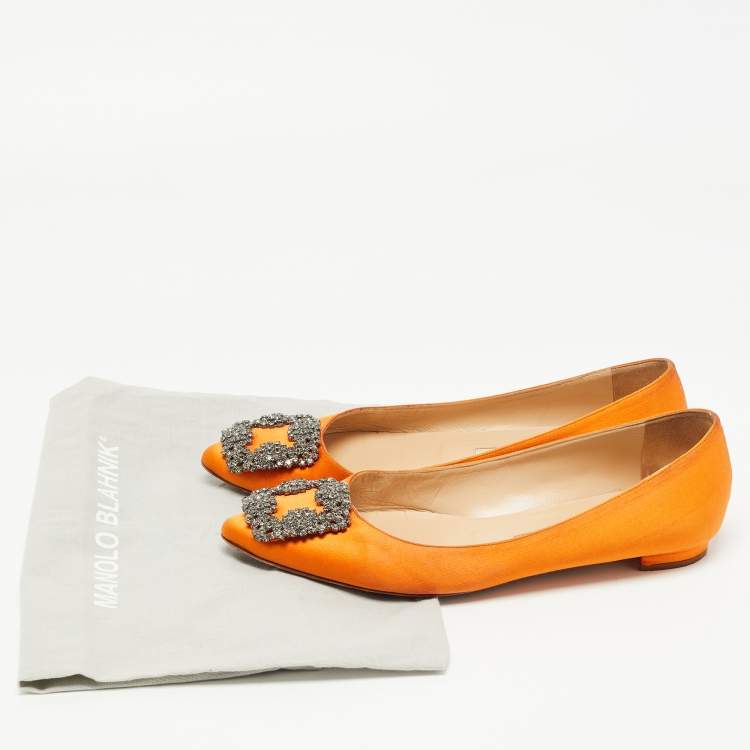 Pre Owned Manolo Blahnik Orange Satin Hangisi Ballet Flats Size 37